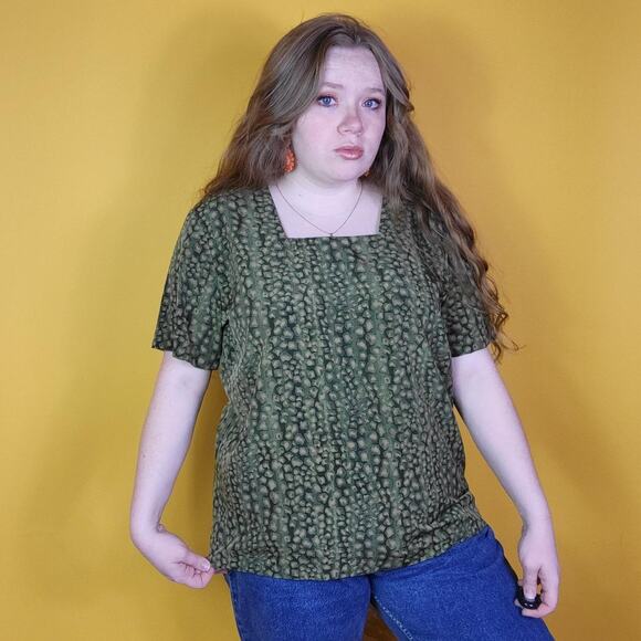 Vintage Green Animal Print Top with Square Neckline, L - Picture 2 of 4